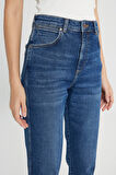 Mom Yüksek Bel Dar Paça Mavi Esnek Jean Denim Pantolon