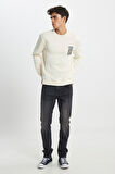 Regular Fit Normal Kesim Bisiklet Yaka İçi Polarlı Ekru Sweatshirt