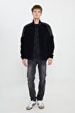 Relaxed Fit Geniş Kesim Fermuarlı Omuz Detaylı Siyah Sherpa Ceket