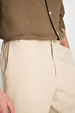 %100 Keten Regular Fit Normal Kesim Lastik Bel Detaylı Bej Şort