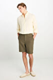 %100 Keten Regular Fit Normal Kesim Lastik Bel Detaylı Haki Şort