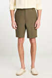 %100 Keten Regular Fit Normal Kesim Lastik Bel Detaylı Haki Şort