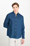 Regular Fit Normal Kesim Lacivert Keten Gömlek
