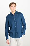 Regular Fit Normal Kesim Lacivert Keten Gömlek