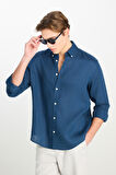 Regular Fit Normal Kesim Lacivert Keten Gömlek