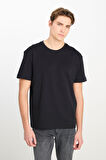 %100 Pamuk Relaxed Fit Geniş Kesim Bisiklet Yaka Siyah Basic T-shirt