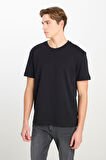%100 Pamuk Relaxed Fit Geniş Kesim Bisiklet Yaka Siyah Basic T-shirt