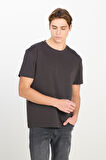 %100 Pamuk Relaxed Fit Geniş Kesim Bisiklet Yaka Antrasit Basic T-shirt