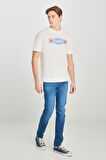 %100 Pamuk Relaxed Fit Geniş Kesim Bisiklet Yaka Baskılı Ekru Tişört