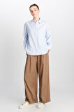 Relaxed Fit Geniş Kesim Uzun Kollu Keten Karışımlı Mavi Gömlek