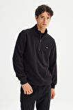 Regular Fit Normal Kesim Kapüşonlu Fermuar Detaylı Siyah Sweatshirt