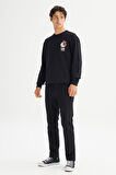 Regular Fit Normal Kesim Bisiklet Yaka Baskılı Siyah Sweatshirt