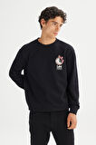 Regular Fit Normal Kesim Bisiklet Yaka Baskılı Siyah Sweatshirt