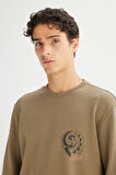 Regular Fit Normal Kesim Bisiklet Yaka Baskılı Haki Sweatshirt