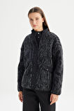 Regular Fit Normal Kesim Desenli Siyah Sherpa Ceket