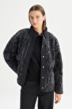 Regular Fit Normal Kesim Desenli Siyah Sherpa Ceket