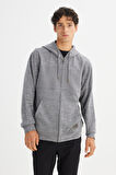 Regular Fit Normal Kesim Kapüşonlu Cepli İçi Polarlı Fermuarlı Sweatshirt