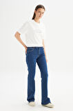 Flare Fit Geniş Paça Yüksek Bel Mavi Pamuklu Esnek Denim Jean Pantolon