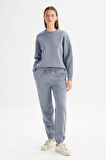 Relaxed Fit Geniş Kesim Bisiklet Yaka İçi Polarlı Mavi Sweatshirt
