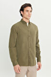 Regular Fit Normal Kesim Keten Pamuk Karışımlı Haki Gömlek