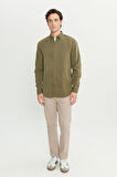 Regular Fit Normal Kesim Keten Pamuk Karışımlı Haki Gömlek