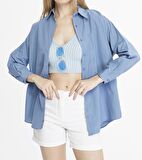 Kadın Oversize Uzun Basic Gömlek - İNDİGO