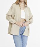 Kadın Oversize Uzun Basic Gömlek - KOYU KREM