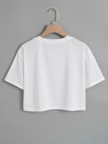 Kadın Oversize Bisiklet Yaka Düz Crop T-shirt - BEYAZ