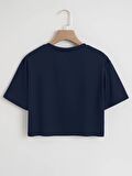 Kadın Oversize Bisiklet Yaka Düz Crop T-shirt - LACİVERT