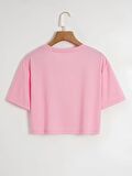 Kadın Oversize Bisiklet Yaka Düz Crop T-shirt - PEMBE