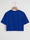 Kadın Oversize Bisiklet Yaka Düz Crop T-shirt - SAKS MAVİSİ