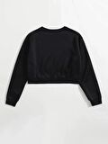 Kadın Basic Crop İçi Polarlı Oversize Sweatshirt - SİYAH