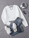 Kadın Basic Crop İçi Polarlı Oversize Sweatshirt - EKRU