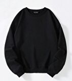 Unisex Oversize Bisiklet Yaka Basic Düz Sweatshirt - SİYAH