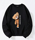 Unisex Oversize Bisiklet Yaka Basic Are You Ok Honey Baskılı Sweatshirt - SİYAH