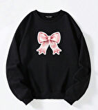 Unisex Oversize Bisiklet Yaka Basic Powder Pink Ribbom Baskılı Sweatshirt - SİYAH