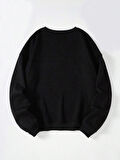 Unisex Oversize Bisiklet Yaka Basic Powder Pink Ribbom Baskılı Sweatshirt - SİYAH