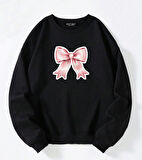 Unisex Oversize Bisiklet Yaka Basic Powder Pink Ribbom Baskılı Sweatshirt - SİYAH