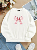 Unisex Oversize Bisiklet Yaka Basic Powder Pink Ribbom Baskılı Sweatshirt - EKRU