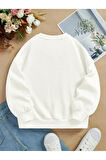 Unisex Oversize Bisiklet Yaka Basic Powder Pink Ribbom Baskılı Sweatshirt - EKRU