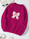 Unisex Oversize Bisiklet Yaka Basic Powder Pink Ribbom Baskılı Sweatshirt - FUŞYA