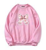 Unisex Oversize Bisiklet Yaka Basic Powder Pink Ribbom Baskılı Sweatshirt - PEMBE