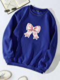 Unisex Oversize Bisiklet Yaka Basic Powder Pink Ribbom Baskılı Sweatshirt - SAKS MAVİSİ