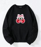 Unisex Oversize Bisiklet Yaka Basic Ribbom Cherry Baskılı Sweatshirt - SİYAH