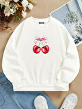 Unisex Oversize Bisiklet Yaka Basic Ribbom Cherry Baskılı Sweatshirt - EKRU