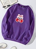Unisex Oversize Bisiklet Yaka Basic Ribbom Cherry Baskılı Sweatshirt - MOR