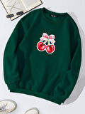 Unisex Oversize Bisiklet Yaka Basic Ribbom Cherry Baskılı Sweatshirt - KOYU YEŞİL