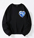 Unisex Oversize Bisiklet Yaka Basic Ocean Heart Baskılı Sweatshirt - SİYAH