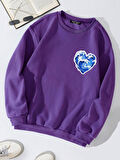 Unisex Oversize Bisiklet Yaka Basic Ocean Heart Baskılı Sweatshirt - MOR