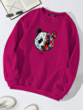 Unisex Oversize Bisiklet Yaka Basic Heiparman Panda Baskılı Sweatshirt - FUŞYA